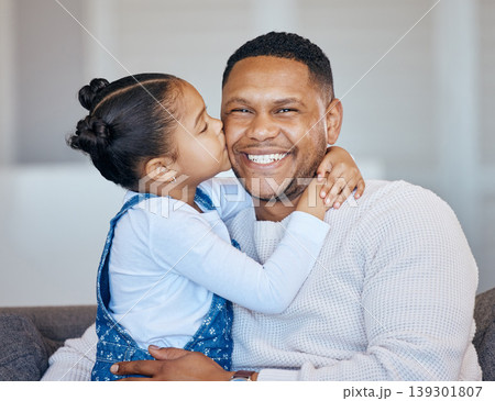 Portrait, kiss and happy child hug dad, family or papa care, support and smile for young girl, youth or daughter. Lounge couch, face and home affection for Fathers Day bonding, love and embrace kid Portrait, kiss and happy child hug dad, family or papa care, support and smile for young girl, youth or daughter. Lounge couch, face and home affection for Fathers Day bonding, love and embrace kid 139301807
