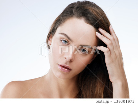 Hair care, woman or portrait and beauty in studio with mock up, collagen treatment or brazilian for shine. Person, face or cosmetics and dermatology, keratin or natural on white background and pride 139301973