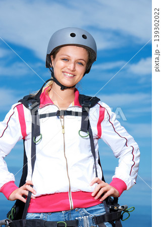 Woman, skydiver and gear in outdoors, adventure and recreation or extreme sports for fun or equipment. Female person, travel and outside in portrait, holiday and vacation or getaway, active and smile Woman, skydiver and gear in outdoors, adventure and recreation or extreme sports for fun or equipment. Female person, travel and outside in portrait, holiday and vacation or getaway, active and smile 139302022