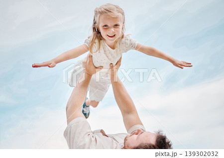 Child, playing and portrait with father as a plane outdoor in summer, blue sky and happiness together. Bonding, dad and kid flying with support and freedom on vacation, holiday or weekend with smile Child, playing and portrait with father as a plane outdoor in summer, blue sky and happiness together. Bonding, dad and kid flying with support and freedom on vacation, holiday or weekend with smile 139302032