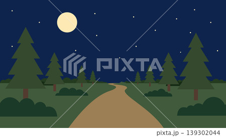 Pine forest landscape at night with full moon, winding path and stars vector illustration 139302044