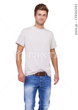 Smile, style and portrait of man in studio with casual, stylish and trendy outfit for confidence. Handsome, cool and full body of male model with tshirt and jeans fashion isolated by white background 139302091