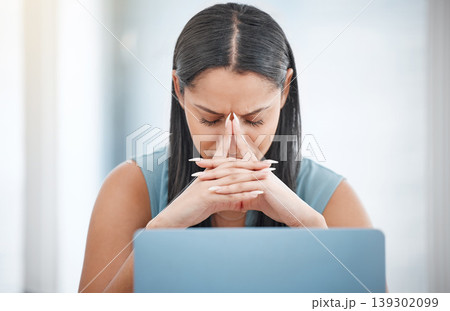 Frustrated business woman, laptop and headache in mistake, stress or anxiety and mental health at office. Female person or employee with migraine in depression, overworked or burnout at workplace Frustrated business woman, laptop and headache in mistake, stress or anxiety and mental health at office. Female person or employee with migraine in depression, overworked or burnout at workplace 139302099
