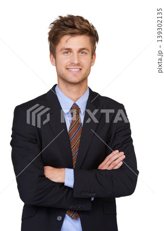Portrait, arms crossed and happy business man in studio confident or positive mindset on white background. Corporate, fashion and face of professional male entrepreneur with trendy, style or suit Portrait, arms crossed and happy business man in studio confident or positive mindset on white background. Corporate, fashion and face of professional male entrepreneur with trendy, style or suit 139302135