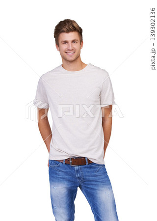 Style, portrait and young man in a studio with casual, stylish and trendy outfit for confidence. Handsome, cool and full body of male model with tshirt and jeans fashion isolated by white background. 139302136