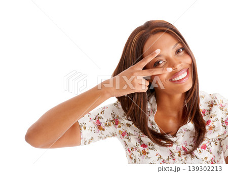 Portrait, smile and black woman with peace, sign and emoji isolated on a white studio background. Face, African person and model with hand gesture, support and feedback with review, v symbol and joy 139302213