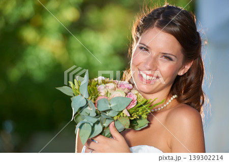 Woman, portrait and wedding rose bouquet with love, commitment and trust ceremony for marriage. Happy, celebration and flowers for event in a park with a floral plant and bride dress outdoor Woman, portrait and wedding rose bouquet with love, commitment and trust ceremony for marriage. Happy, celebration and flowers for event in a park with a floral plant and bride dress outdoor 139302214