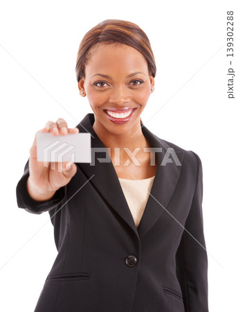 Business card, mockup and woman in portrait with design space, HR offer or career advertising in studio. Professional african worker with presentation or contact information on a white background Business card, mockup and woman in portrait with design space, HR offer or career advertising in studio. Professional african worker with presentation or contact information on a white background 139302288