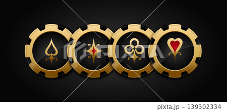 Golden premium casino chips stack. Poker chips with elegant playing card suits symbols on black background. Vector illustration 139302334
