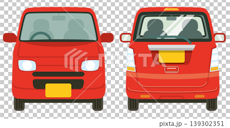 Illustrations of the front and rear of a red minicar (front, back, set) 139302351