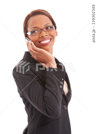 Corporate, phone call and business black woman in studio for communication, networking or contact. Happy, professional and isolated person on cellphone for chat, talking and speak on white background 139302389