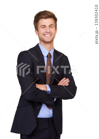 Studio portrait, arms crossed and happy man, business lawyer and smile for legal justice service, advisor or job experience. Attorney, confident agent and government consultant on white background Studio portrait, arms crossed and happy man, business lawyer and smile for legal justice service, advisor or job experience. Attorney, confident agent and government consultant on white background 139302418