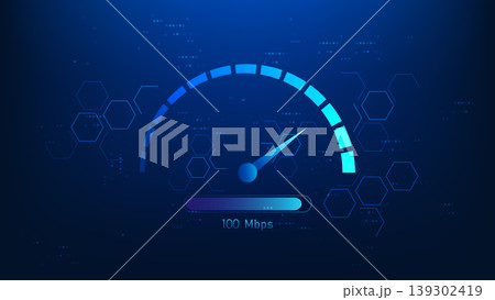 Technology background digital display with an internet speed meter, representing network speed testing, bandwidth measurement, internet performance, connection quality, and real-time data monitoring. 139302419