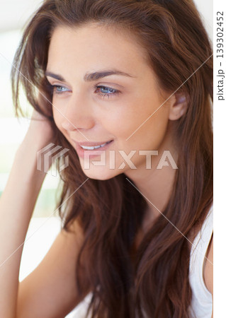 Smile, thinking and face of woman in morning, wake up and natural wellness in home on calm summer weekend. Relax, healthy rest and peace for happy girl in bedroom of apartment, hotel room or house. Smile, thinking and face of woman in morning, wake up and natural wellness in home on calm summer weekend. Relax, healthy rest and peace for happy girl in bedroom of apartment, hotel room or house. 139302452