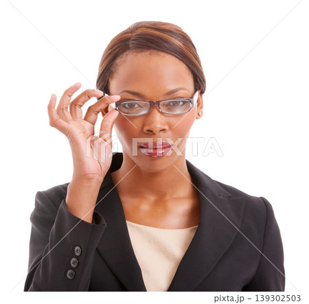 Glasses, thinking and portrait of business black woman in studio for professional work, career and job. Corporate, focus and isolated person with confidence, pride and vision on white background 139302503