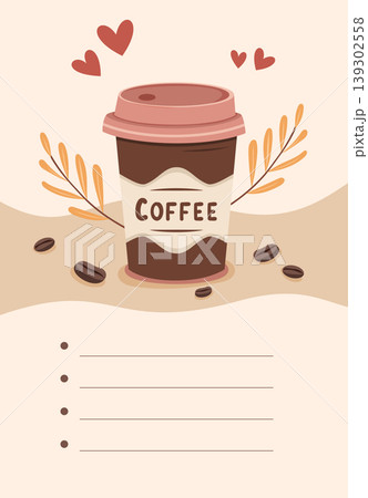 Poster template with coffee cup, hearts and beans in flat style on soft background. 139302558