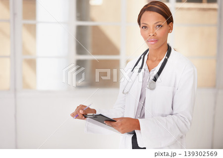 Doctor, woman and portrait with medical folder, charts and clinic management for services and professional healthcare. Face of hospital worker with clipboard, checklist or documents for health report 139302569