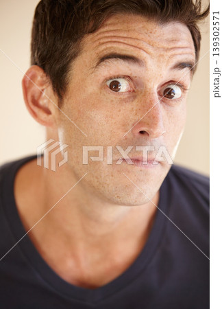 Shock, comic and portrait of man in studio with funny facial expression, reaction and emotions. Emoji, humor and face closeup of person with surprise, what and omg for news on color background 139302571