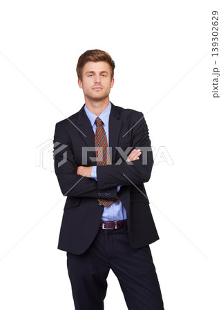 Studio portrait, arms crossed and serious man, business lawyer and confident in legal service vocation, advisory or career job. Attorney, assertive agent and government consultant on white background Studio portrait, arms crossed and serious man, business lawyer and confident in legal service vocation, advisory or career job. Attorney, assertive agent and government consultant on white background 139302629