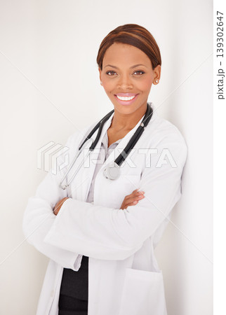 Doctor portrait, woman and arms crossed for healthcare service, clinic and hospital management on wall background. Happy face of medical worker or african person for professional health and proud job 139302647