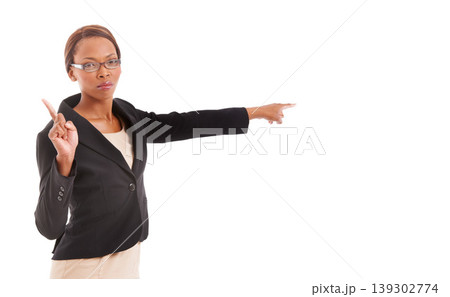 Business, pointing and black woman with warning, serious and employee isolated on white studio background. African person, portrait or agent with hand gesture, angry or reject with deny emoji or no Business, pointing and black woman with warning, serious and employee isolated on white studio background. African person, portrait or agent with hand gesture, angry or reject with deny emoji or no 139302774