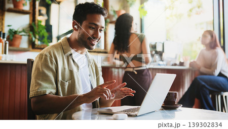 Remote work, man and laptop in cafe for video call, virtual lesson and language tutorial on platform. Linguistics tutor, tech and online meeting in coffee shop for private consultation with earphones 139302834