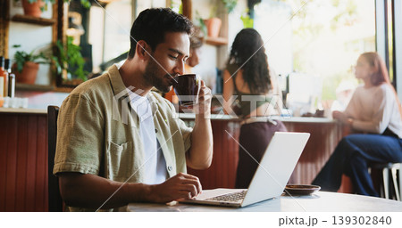 Creative, man and coffee with laptop at cafe for remote work, proofreading and editor feedback. Freelancer, beverage and editing article with pc, copywriting report and confirm source for publication 139302840