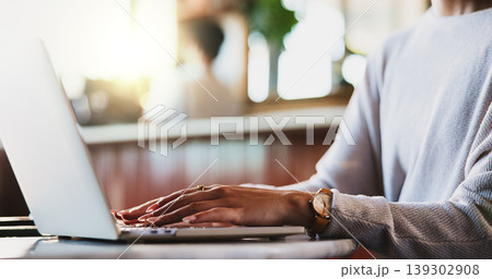 Hands, creative and woman with laptop at cafe for remote work, proofreading and editor feedback. Person, freelancer and editing article with pc, copywriting report and confirm source for publication Hands, creative and woman with laptop at cafe for remote work, proofreading and editor feedback. Person, freelancer and editing article with pc, copywriting report and confirm source for publication 139302908