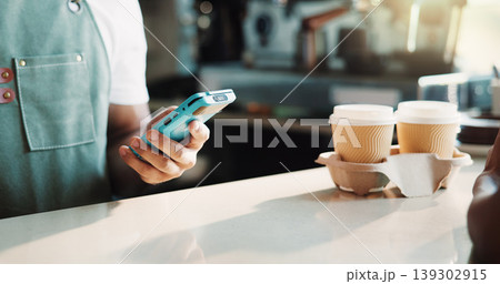 Barista, pos and man in cafe, hands and internet for easy payment, coffee or paperless transaction. Employee, electronic machine or waiter in restaurant, takeaway or customer service with hospitality Barista, pos and man in cafe, hands and internet for easy payment, coffee or paperless transaction. Employee, electronic machine or waiter in restaurant, takeaway or customer service with hospitality 139302915