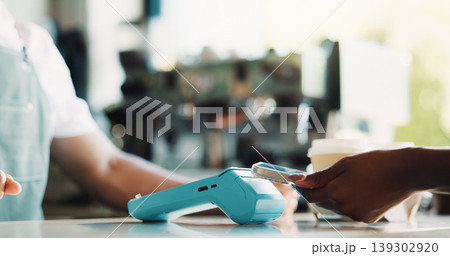 People, hands and phone in cafe with POS machine, eft transaction or bill payment for hospitality. Cashier, customer service and tech in restaurant with digital banking, purchase or cashless transfer 139302920
