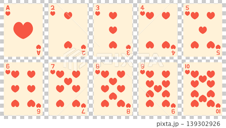 Vector illustrations of heart playing cards numbered 1 through 10. Vector illustrations of heart playing cards numbered 1 through 10. 139302926