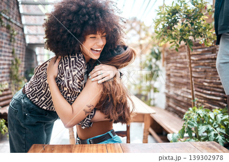 Friends, hug and happy for reunion, women and love or excited for meeting, fun and union at restaurant. People, embrace and solidarity or connection, support and greeting at cafe, smile and joy Friends, hug and happy for reunion, women and love or excited for meeting, fun and union at restaurant. People, embrace and solidarity or connection, support and greeting at cafe, smile and joy 139302978