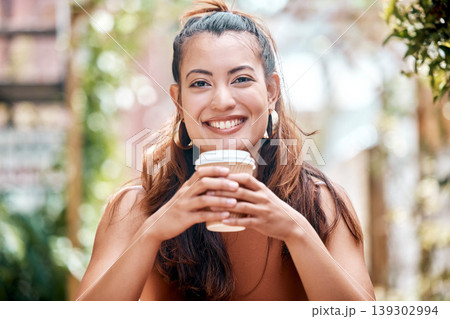 Portrait, smile and woman with a coffee, cafe and relax with happiness, morning espresso or paper cup. Face, person or girl with tea, cappuccino or cheerful with joy, peaceful or calm in a restaurant Portrait, smile and woman with a coffee, cafe and relax with happiness, morning espresso or paper cup. Face, person or girl with tea, cappuccino or cheerful with joy, peaceful or calm in a restaurant 139302994
