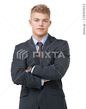 Young, businessman and portrait with arms crossed or serious in studio for startup, career and confidence. Entrepreneur, person and pride or positive mindset for internship work on white background Young, businessman and portrait with arms crossed or serious in studio for startup, career and confidence. Entrepreneur, person and pride or positive mindset for internship work on white background 139303015