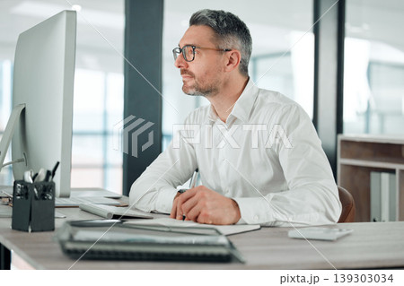 Businessman, computer and thinking on email, reading and analysis for information, research and work. Mature business person, technology and planning for project, notebook and future company growth Businessman, computer and thinking on email, reading and analysis for information, research and work. Mature business person, technology and planning for project, notebook and future company growth 139303034