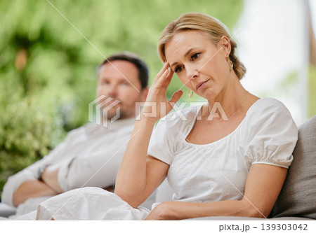 Couple, ignoring and upset on fight, argument and divorce for marriage problems. People, stress and frustrated for silent treatment, couch and anxious or breakup, conflict and toxic relationship 139303042