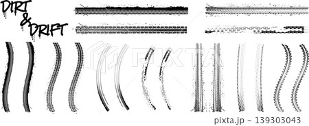 Collection of grunge tire tracks. Vector set of dirty wheel prints, car drift marks and muddy road paths isolated on white background 139303043