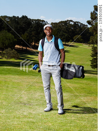 Smile, sports and portrait of male golfer with positive, good and confident attitude on field. Happy, fitness and African man athlete with equipment on an outdoor course for tournament or competition Smile, sports and portrait of male golfer with positive, good and confident attitude on field. Happy, fitness and African man athlete with equipment on an outdoor course for tournament or competition 139303091