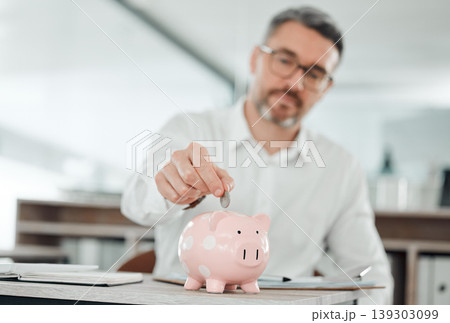 Business man, coin and piggy bank for deposit and saving for finance, investment and security. Change, money box and cash growth, container and profit for retirement, banking and safety in future Business man, coin and piggy bank for deposit and saving for finance, investment and security. Change, money box and cash growth, container and profit for retirement, banking and safety in future 139303099