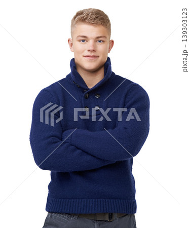 Happy, crossed arms and portrait of man in a studio with elegant, stylish and fancy outfit. Fashion, smile and young male model with cool and modern style with confidence isolated by white background Happy, crossed arms and portrait of man in a studio with elegant, stylish and fancy outfit. Fashion, smile and young male model with cool and modern style with confidence isolated by white background 139303123