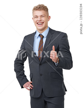Thumbs up, portrait and business man laugh in studio for success, winning deal and yes sign on white background. Support, like emoji and excited for achievement, excellence and feedback for agreement Thumbs up, portrait and business man laugh in studio for success, winning deal and yes sign on white background. Support, like emoji and excited for achievement, excellence and feedback for agreement 139303194