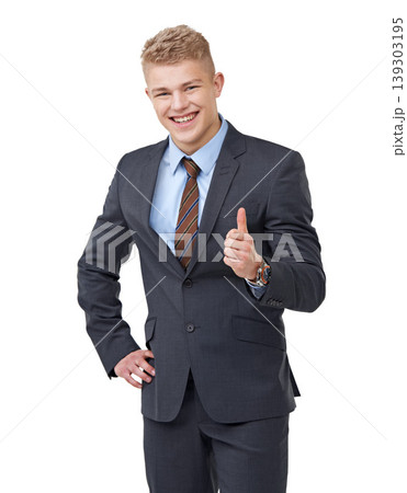 Thumbs up, portrait and business man in studio for success, winning deal and voting yes on white background. Happy corporate salesman, emoji sign and thank you for feedback, achievement or excellence 139303195