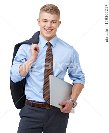Young, businessman and portrait with laptop or smile for research, communication or networking in studio. Entrepreneur, person and face with happy or confidence for internship on white background 139303217