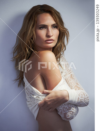 Skin, lingerie and sexy woman in studio with confidence, art aesthetic and luxury fashion. Natural cosmetics, wellness and skincare model with self care, beauty and feminine pride on white background Skin, lingerie and sexy woman in studio with confidence, art aesthetic and luxury fashion. Natural cosmetics, wellness and skincare model with self care, beauty and feminine pride on white background 139303249