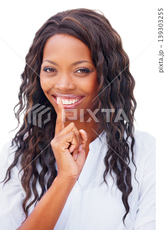 Portrait, woman and secret with smile in studio on white background with announcement mock up. Black person, female model and thinking on face, hand or vision for news, opportunity or alert with sign Portrait, woman and secret with smile in studio on white background with announcement mock up. Black person, female model and thinking on face, hand or vision for news, opportunity or alert with sign 139303255