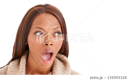 Wow, gossip and black woman with surprise, announcement and news isolated on white studio background. African person, girl or model with emoji, shock or reaction with mockup space, omg and expression Wow, gossip and black woman with surprise, announcement and news isolated on white studio background. African person, girl or model with emoji, shock or reaction with mockup space, omg and expression 139303326