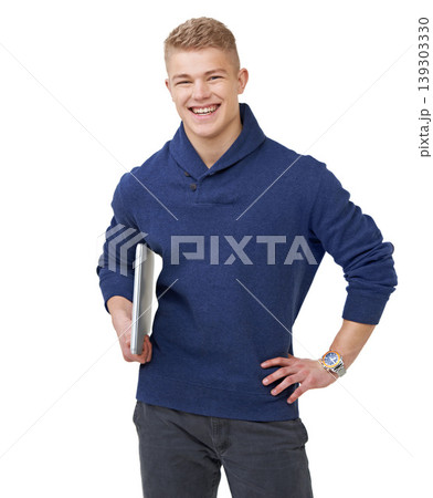 Smile, laptop and portrait of man in a studio with positive, good and confident attitude for studying. Happy, technology and young male university student with computer isolated by white background. 139303330