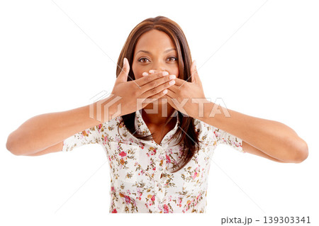 Portrait, gossip and black woman with surprise, cover mouth and news isolated on white studio background. African person, girl or model with emoji, shock or announcement with mockup space, omg or wow 139303341