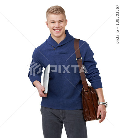 Happy, textbooks and portrait of student in studio with briefcase and positive attitude for studying. Smile, education and young male person with university or college information by white background Happy, textbooks and portrait of student in studio with briefcase and positive attitude for studying. Smile, education and young male person with university or college information by white background 139303367