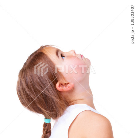 Face, thinking and looking up with a girl child in studio isolated on a white background for inspiration. Mockup, idea and space with adorable little kid for problem solving, curious or contemplation Face, thinking and looking up with a girl child in studio isolated on a white background for inspiration. Mockup, idea and space with adorable little kid for problem solving, curious or contemplation 139303407